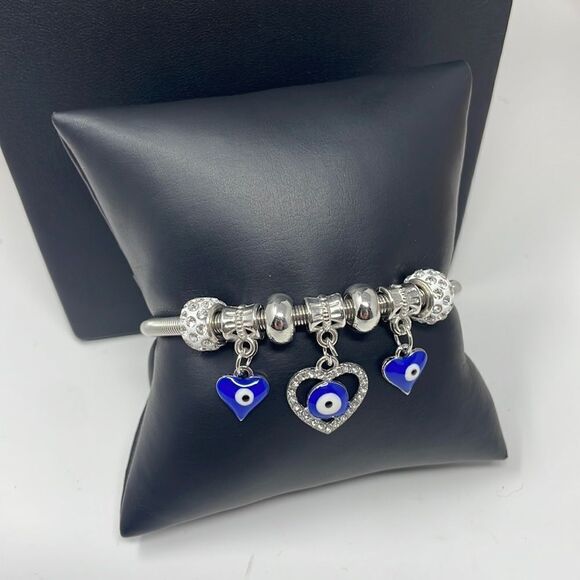 Evil Eye Heart Charm Stretchy Bangle Bracelet - Picture 2 of 6